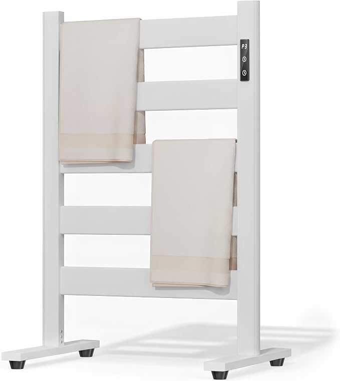 5-Bar Freestanding Towel Warmer, Adjustable Temperature 110–170°F, Timer and Auto Shut-Off, Fast Heating in 10 Minutes, Durable Space Aluminum, Wide Bars, Matte White for Bathroom and Spa