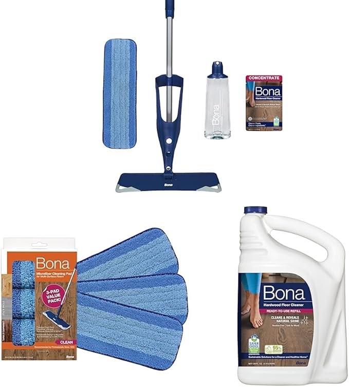 Bona Hardwood Floor Premium Spray Mop & Bona Microfiber Cleaning Pad for Hardwood & Hard Surface Floors - 3 Pack & Bona Hardwood Floor Cleaner Refill - 128 fl oz