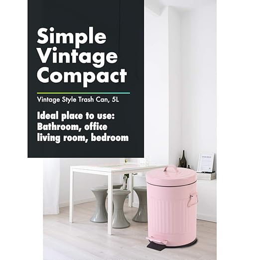 Bathroom Trash Can with Lid, Small Trash Can Wastebasket for Home Bedroom with Lid, Round Waste Bin Soft Close, Retro Vintage Garbage Metal Cans for Office, 5 Liter / 1.3 Gallon, Glossy Pink