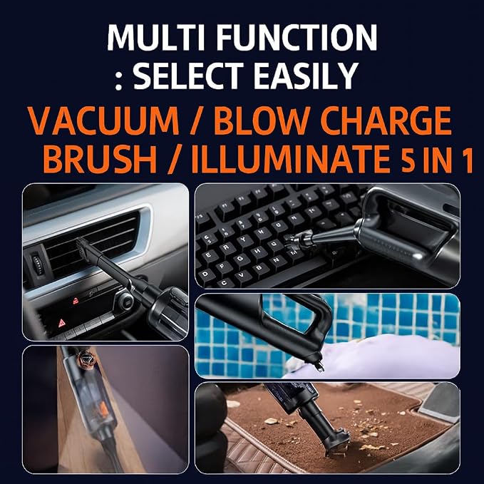 Car Vacuum Portable Cordless,17000Pa Handheld Air Duster Vacuum with 130W Brushless Motor,3 * 2000mAH Battery LED Light, Multi-Nozzles for Car, Home, Office, Pet