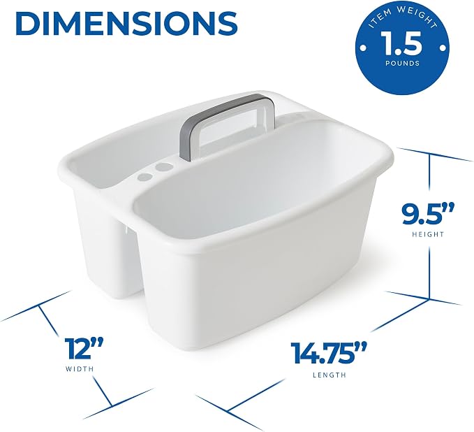 Gracious Living Storage Caddy, 2-Compartment Portable Plastic Tote with Handle for Cleaning Supplies, Craft Organization, & Makeup, White/Gray
