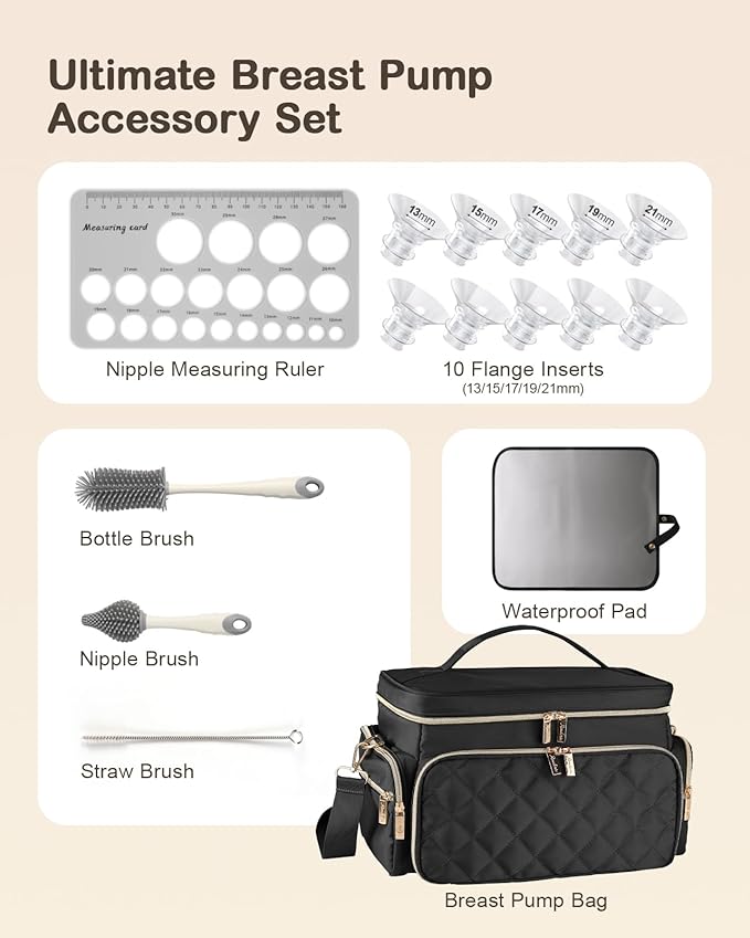 Breast Pump Bag Kit for Spectra S1/S2, Pumping Bag with Bottle Brush Set, 10 Flange Inserts for 24mm Flange, Nipple Ruler, Waterproof Mat, Pump Carrying Case for Work, Travel, Black