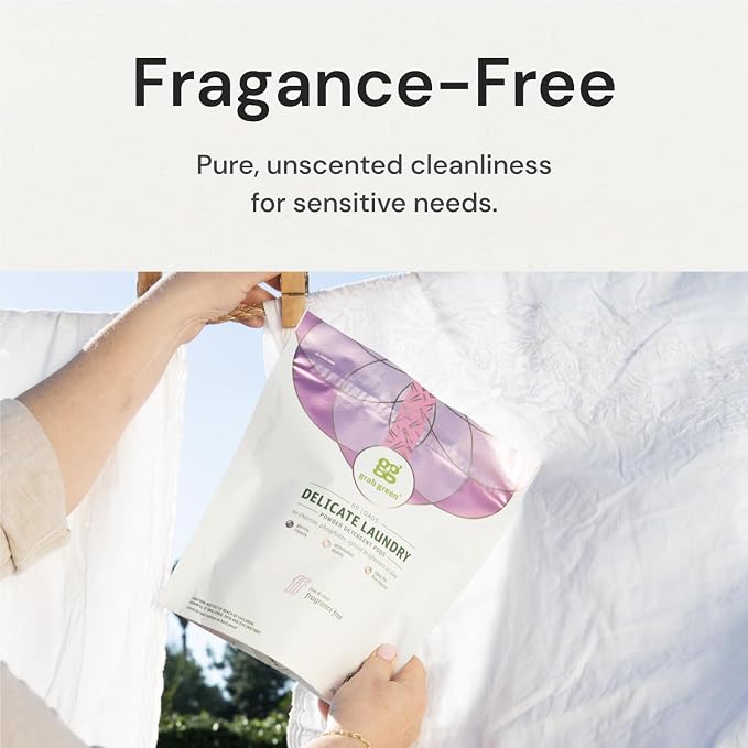 Grab Green Delicate Laundry Detergent Pods, 60 Count, Fragrance Free | Plant & Mineral-Based; For Delicate Loads; Enzyme-Powered; Velcro Closure; Laundry Brightener; Stain Remover