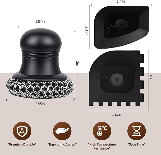 316 Upgraded Cast Iron Scrubber with Pan Scraper,Cast Iron Cleaner for Grill Pan Skillet Wok Carbon Steel,Ergonomic to Hold Easy to Use Dishwasher Safe ((Large Chain Mail,2pcs))