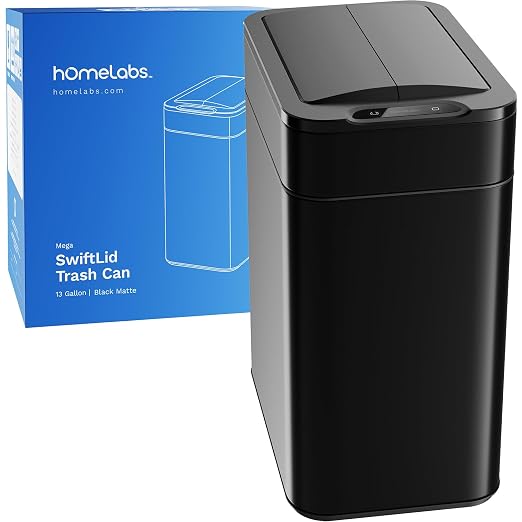 hOmeLabs - 13 Gallon Kitchen Trash Can - Retractable Automatic Sensor Butterfly Lid, Space-Saving Design, Easy to Clean, Battery-Operated with Batteries Included - Matte Black
