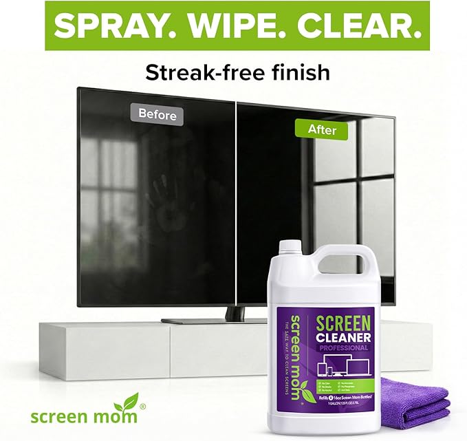 Screen Mom Cleaning Kit - 1 Gallon Screen Cleaner Spray Refill and 4 Pcs Purple Microfiber Cloth, TV Cleaner Spray and Cloth Set for Laptop, Phone, iPad, Car and Computer Cleaning Kit Electronic
