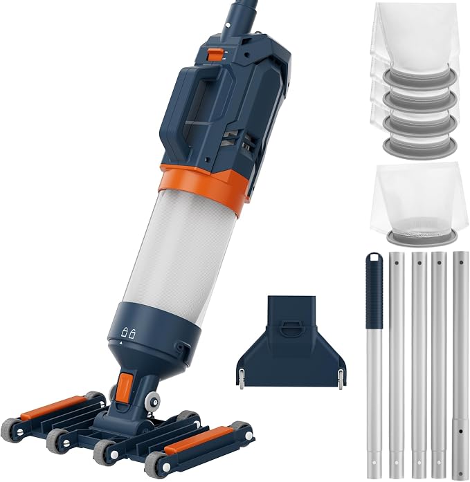 Heavy Duty Handheld Pool Vacuum - 18.9GPM Powerful Suction, 25µm Ultra Fine Mesh Filter for Smaller Debris, 14'' Wide Vacuum Head, 60mins Running Time (Orange)