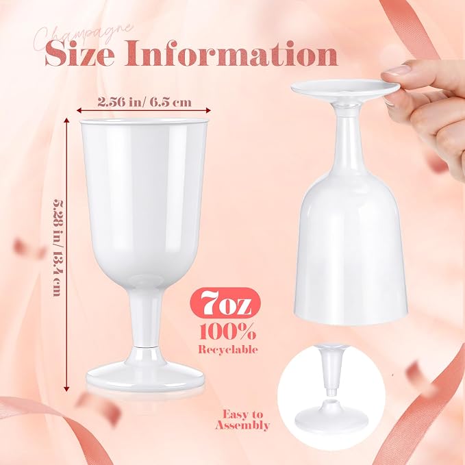 Jingmore 96 Pcs Plastic Wine Glasses with Stem 7 oz White Plastic Goblets for Party Disposable Wine Cup Champagne Flutes Drinking Glass for Wedding Toasting Birthday Party Supply