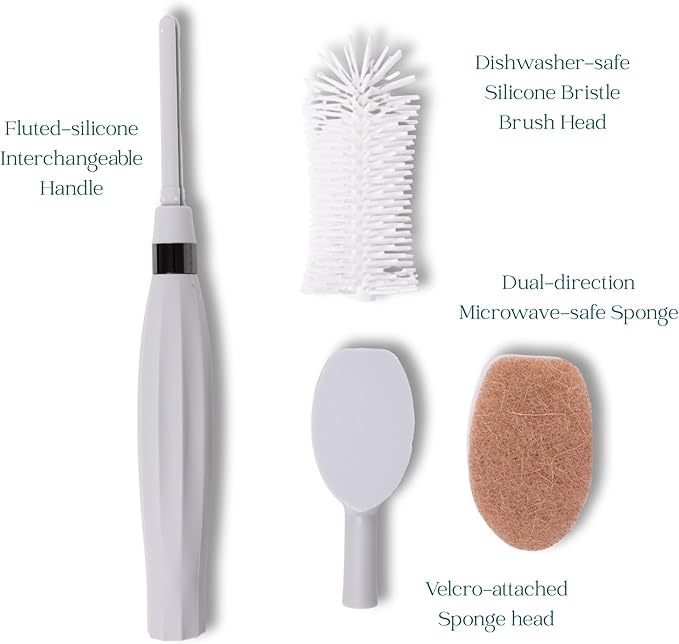 Spristle Wand Starter Set by Winnie & Lu – Premium Dish Wand & Bottle Washer Set, Interchangeable Sponge, Silicone Bristle Head, Eco-Friendly Cleaning (Black & Stone)