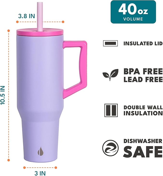 Elemental 40 oz Tumbler with Handle and Straw - Spill Proof Insulated Stainless Steel Commuter for Cold Beverages - Travel Coffee Mug with 2 Straws & Spill Proof Lid - 40oz - Lilac Tie Dye