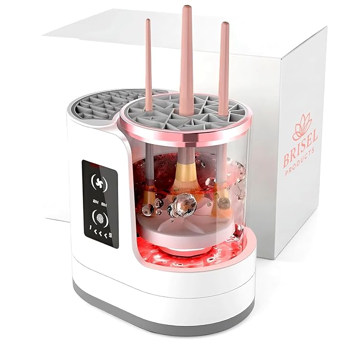 BRISEL 3-in-1 Makeup Brush Cleaner Machine & Dryer Electric Automatic Washer, Deep Clean & Dry in Minutes, USB Powered with LED, Fits All Brush Sizes, White & Rose Gold