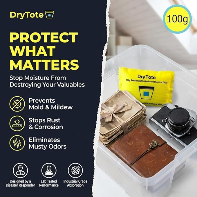 DryTote Rechargeable Desiccant Packs (25 Pack), Silica Gel Moisture Absorber for Storage Bins & Totes, Color-Change Indicator, 100g, Yellow