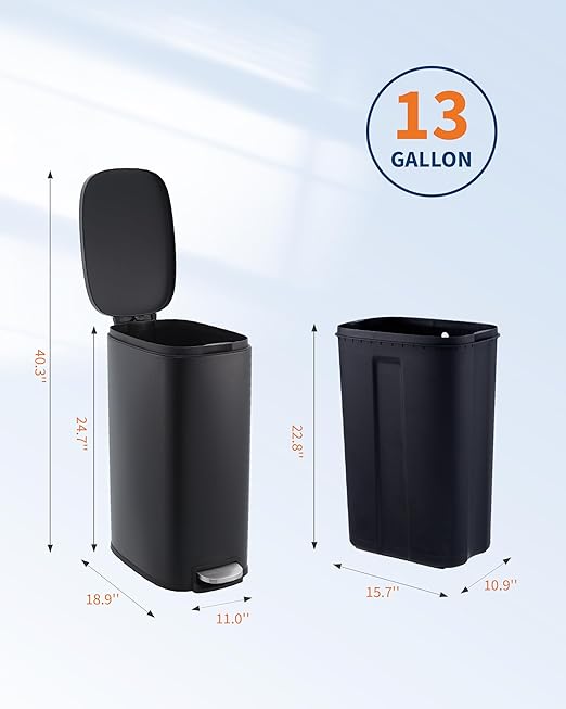 GarveeHome 13 Gal Slim Trash Can, Step Garbage Can with Soft-Close Lid, Stainless Steel Recycling Bin Waste Container with Removable Inner Bucket for Kitchen, Bathroom, Office, Black