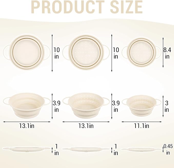 3 Pack Collapsible Colander with Strainer Bowl Set, 11 & 13 In BPA-Free Silicone Colanders for Kitchen, Heat-Resistant Strainer Dishwasher Safe Baskets for Vegetable Fruits(White)
