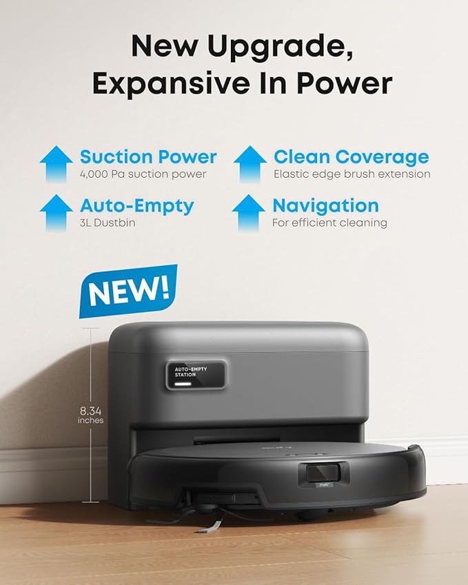 eufy Like-New C10 Robot Vacuum Self Emptying, 8 Weeks Hands Free, Advanced Smart Mapping with LiDAR Navigation, 2.85-Inch Slim Design, Powerful Suction, Edge Expansion Brush for Pet Hair（Renewed）