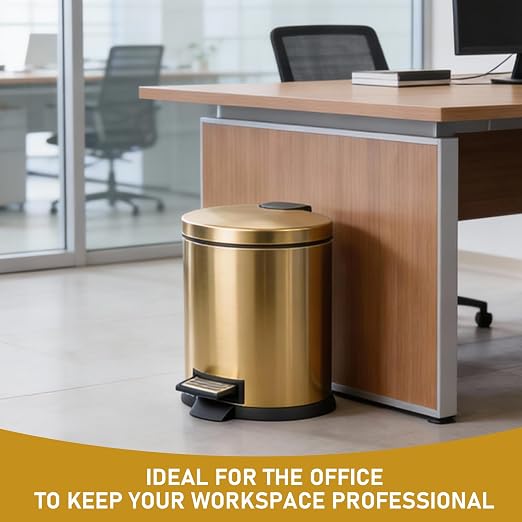 SIMPLYKLEEN Bathroom Trash Can with Lid - 4PC 1.3 Gallon/ 5L Oval Small Trash Can with Soft-Close Lid, Foot Pedal, Brushed Stainless Steel, Removable Liner, Garbage can for Kitchen, Office, Home Gold