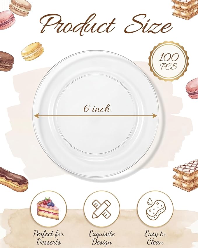 bUCLA 100Pieces Clear Plastic Plates - 6.25inch Premium Hard Disposable Salad/Dessert/Appetizer/Small Cake Plates for Wedding& Party