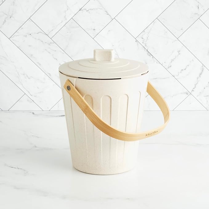 Martha Stewart Indoor Compost Bin Starter Bundle | Countertop Composting Bucket for Kitchen | .7 Gallon Capacity | Includes 6 Filters and Silicone Liner Bag | Plant Based Materials | Linen White