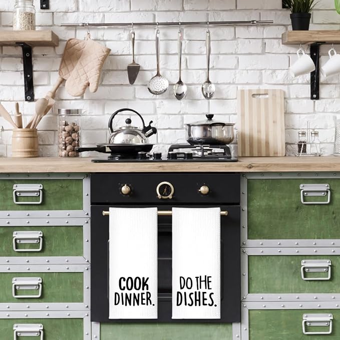 Cook Dinner Funny Kitchen Towels 2 Pack, Cute New House Gift for Hostess, Mother's Day Birthday Housewarming Gift for Mom, Auntie, Friends