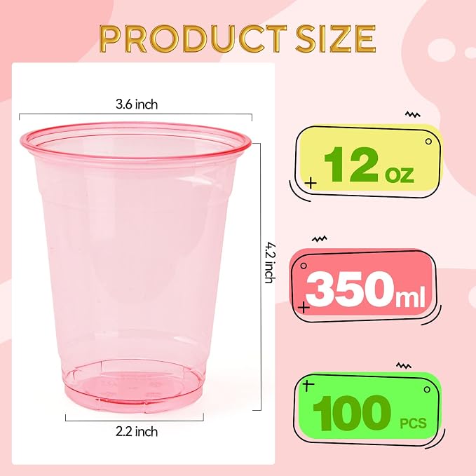 100 Pack Pink Clear Plastic Cups 12 oz Disposable Drinking Cups for Wedding Pink Birthday Party Supplies