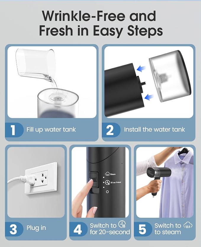 Handheld Steamer for Clothes, 1200W Foldable Travel Steamer, 20 Sec Preheat Garments Wrinkle Remover, 120V Portable Hand Iron with 150ml Water Tank, Clothes Steamer for Home Travel Black