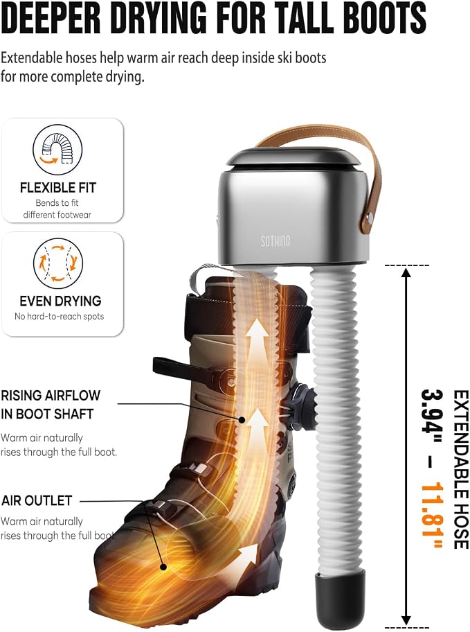SOTHING Boot Dryer for Work Boots and Ski Boots with Ozone Odor Freshening, Portable Shoe Dryer & Glove Dryer with 11.81-Inch Extendable Hoses, 3 Heat Levels, 1–9H Timer for Sneakers and Rain Boots