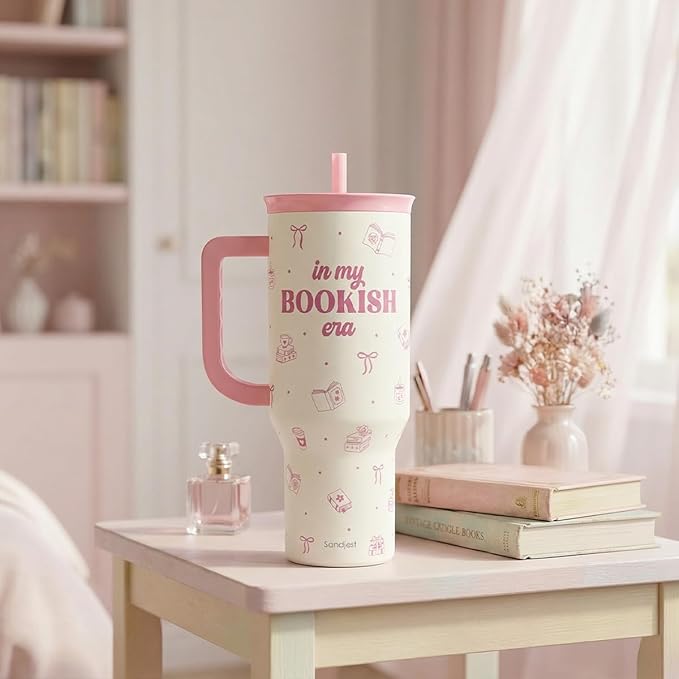 SANDJEST Book Lovers 40oz Tumbler With Handle and Straw, in My Bookish Era Insulated Stainless Steel Travel Coffee Mug for Women Girls Bookworms, Gift Idea for Birthday Christmas Mothers Day