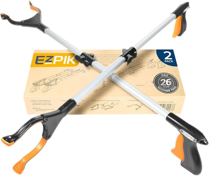 EZPIK® Grip Aid Tool Grabber Reacher + Magnets - Grabbers for Seniors, Trash Picker Upper Grabber - Trash Grabber Tool- Reacher Grabber Pickup Tool (Silver, 26" (Pack of 2))