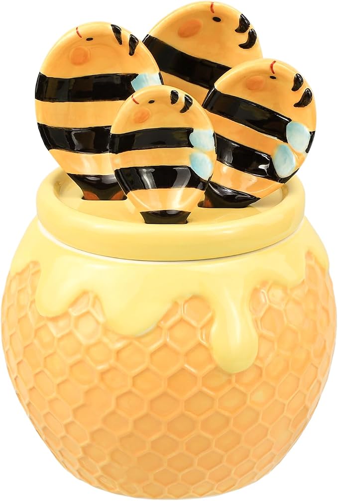 Sizikato 4pcs Porcelain Measuring Spoons with Base, Cute Ceramic Bee Spoons and Honeycomb Cup