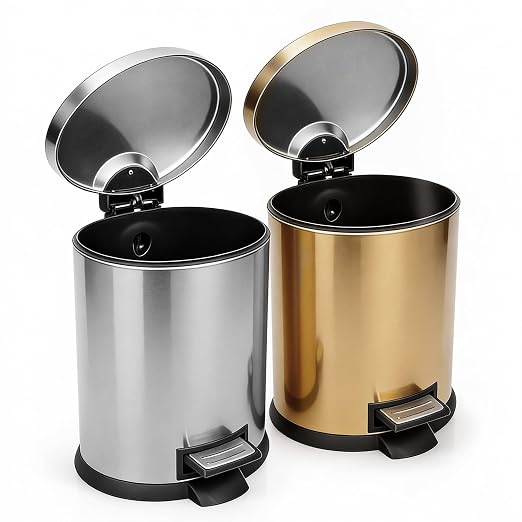 SIMPLYKLEEN Bathroom Trash Can with Lid - 2PC 1.3 Gallon Oval Small Trash Can with Soft-Close Lid, Foot Pedal, Brushed Stainless Steel, Removable Liner, Garbage can for Kitchen, Office (Gold+ Silver)