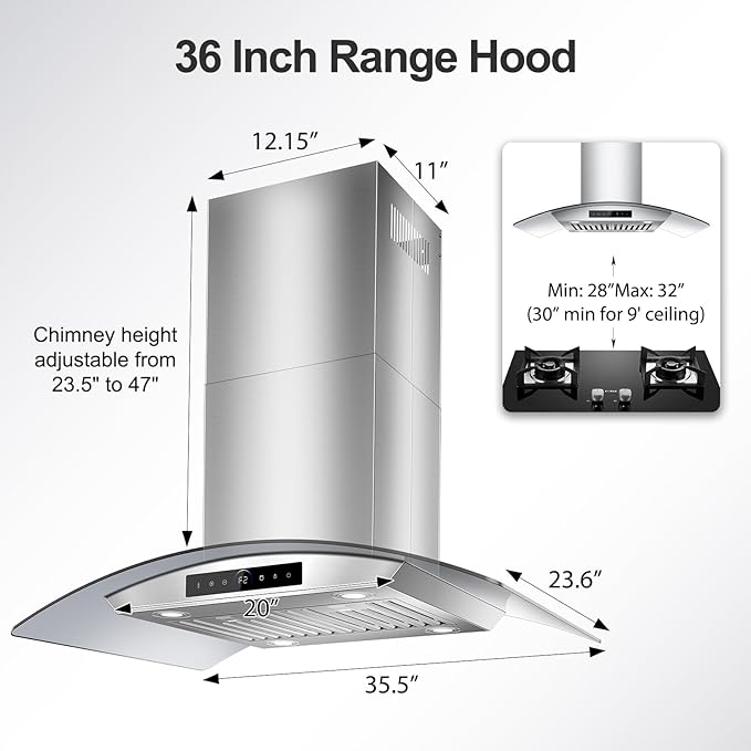 36 inch Island Range Hood 1200 CFM with 4-Speed Gesture Sensing & Touch Control, Ducted/Ductless Stainless Steel Ceiling Mount Kitchen Stove Vent Hoods with 4 LED Lights, Timer,Dishwasher-Safe Filters