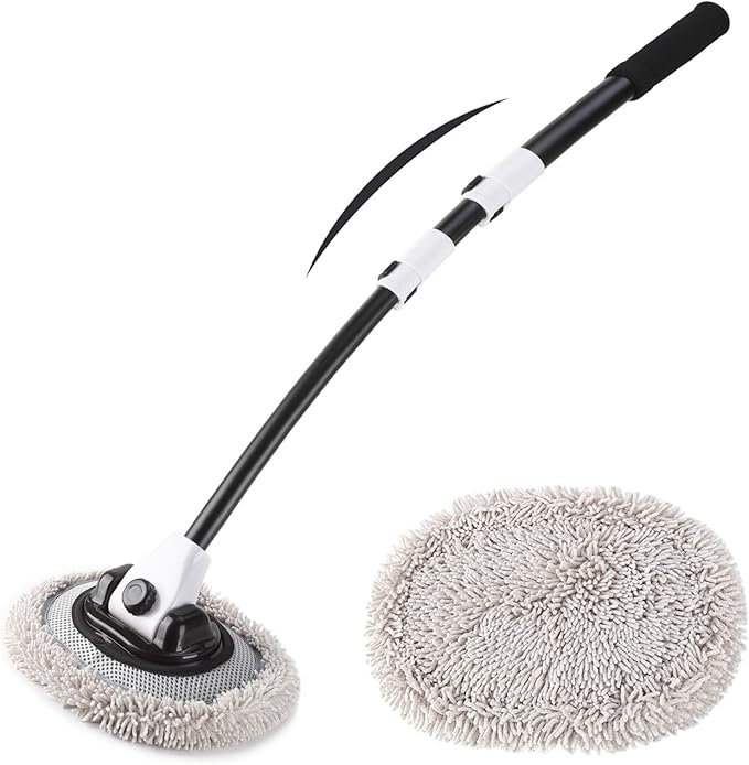 15° Curved Car Wash Brush with 43" Telescopic Handle – Microfiber Chenille Car Wash Mop for RV, SUV, Truck & Boat – Soft, Scratch-Free Extendable Cleaning Tool (White&Black)