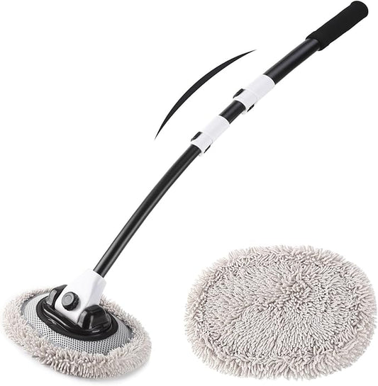 15° Curved Car Wash Brush with 43" Telescopic Handle – Microfiber Chenille Car Wash Mop for RV, SUV, Truck & Boat – Soft, Scratch-Free Extendable Cleaning Tool (White&Black)