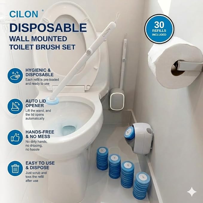 CiLoN 30 Pads Auto Lid Opener Disposable Toilet Bowl Brush & Holder System | Wall-Mounted Disposable Toilet Cleaning Set For Touch Free Space-Saving Hygienic Modern Bathrooms (Ocean Breeze + 30 Sponge)