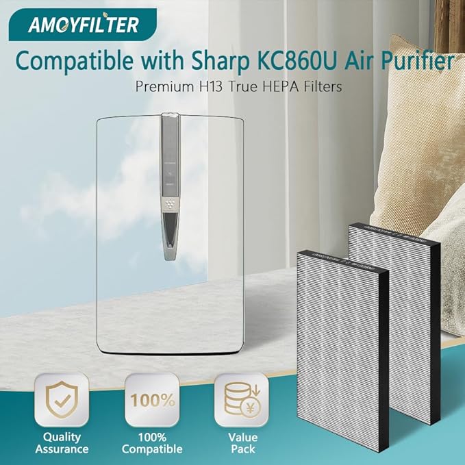 2 Pcs True HEPA KC860U Replacement Filter Compatible with KC860U Sharp Air Pur-ifier Model KC-860U, Premium True HEPA Filter for Sharp KC 860U, Part Number FZ-C150HFU