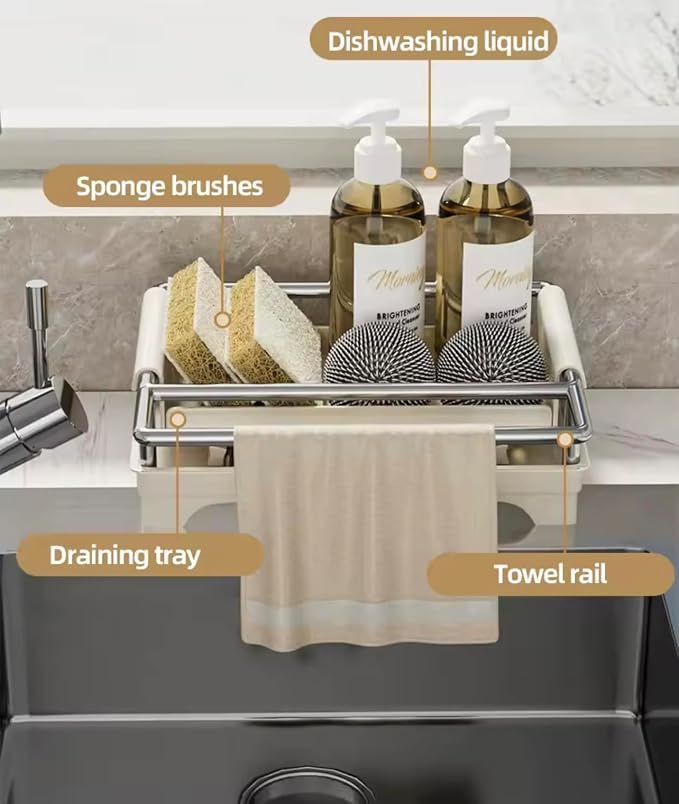Kitchen Sink Caddy Organizer with Draining Tray and Towel Rail, Stainless Steel Sponge Holder, Dish Soap Storage Rack, Sink Organizer for Sponges, Scrub Brushes, Soap Bottles and Cleaning Supplies