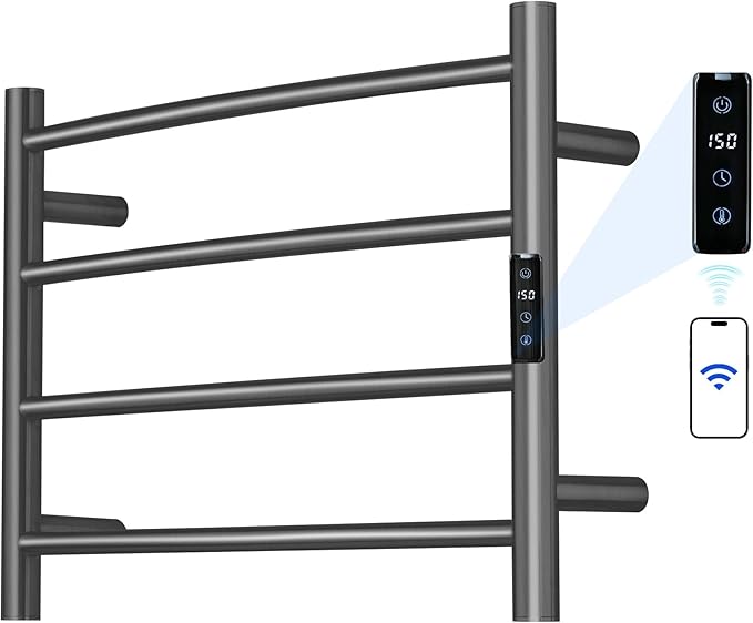 Electric Towel Rack with Voice Control for Alexa & Google Home,TUYA - Wall-Mounted Bathroom Heating Towel Warmer,Plug-in,Stainless Steel Material,16.54x23.62x5.51 in,Gunmetal Grey，4 Bars
