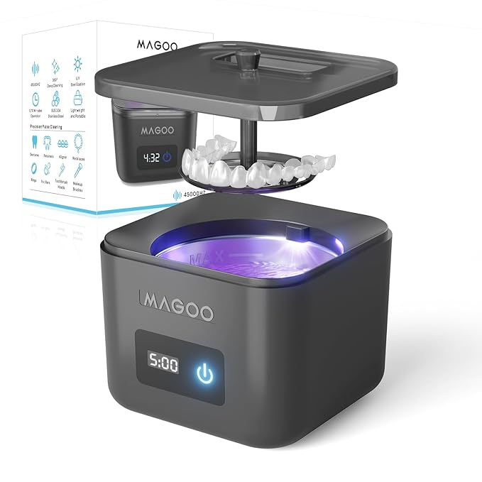 Ultrasonic Retainer Cleaner Machine, Denture Cleaner for Aligners Night Guards Braces Mouth Guards Toothbrush Heads，All-in-One Dental & Jewelry Cleaner, 45kHz 200ML, Dual Modes