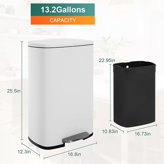 BestOffice 13 Gallon (50L) Trash Can with Lid Garbage Can Commercial Trash Can with Soft-Close Foot Pedal Fingerprint Proof Stainless Steel Trash Can for Kitchen Home Office Bedroom Bathroom, White