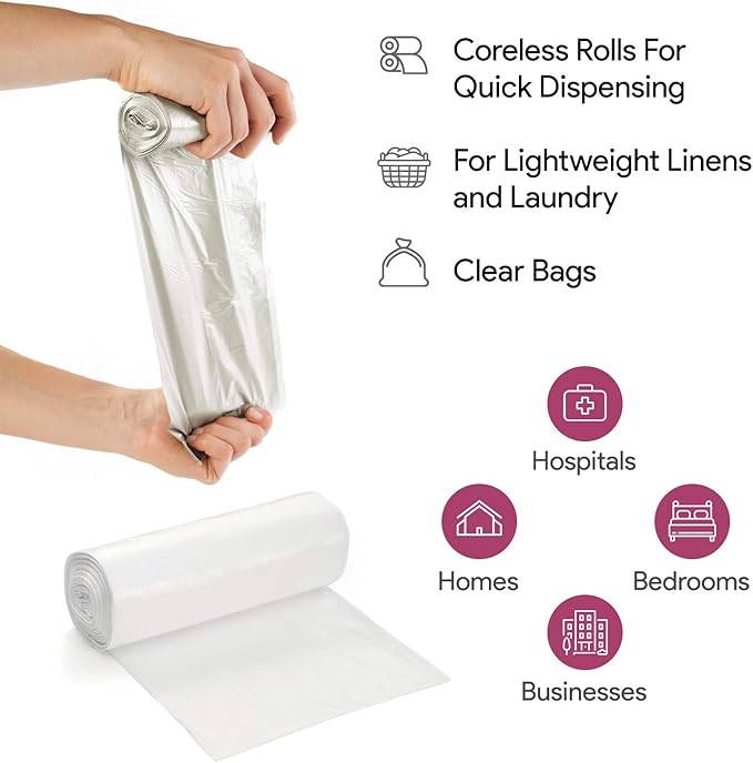 20-30 Gallon Clear Garbage Can Liners, 100 Count - Medium - Large Trash Can Liners - High Density, Thin, Lightweight, 10 Microns - For Office, Home, Hospital, Wastebaskets - 4 Coreless Rolls