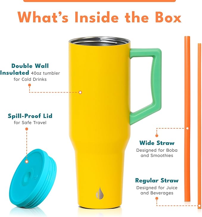 Elemental 40 oz Tumbler with Handle and Straw - Spill Proof Insulated Stainless Steel Commuter for Cold Beverages - Travel Coffee Mug with 2 Straws & Spill Proof Lid - 40oz - Lemon Zest