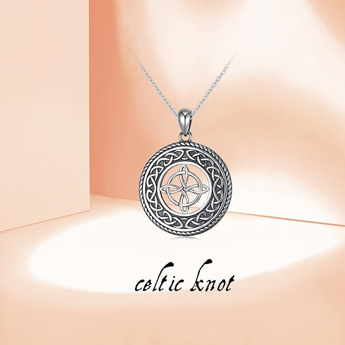 DAOCHONG 925 Sterling Silver Jewelry Oxidized Good Luck Irish Knot Celtic Medallion Round Pendant Necklace, 20 inch
