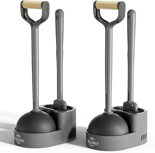 Sellemer Toilet Brush and Plunger Set, Curved Design Head Toilet Bowl Brush for Deep Cleaning, Heavy Duty Plunger for Bathroom, Grey, 2 Pack