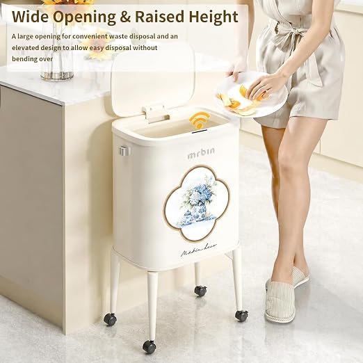 MRBIN Metal Motion Sensor Kitchen Trash Can with Wheel Legs, 36L / 9.5gal Medium Press Lid Slim Waste Basket, Narrow Garbage Pail for Vanity, Living Room, Bathroom, Bedroom, Blue and White Porcelain