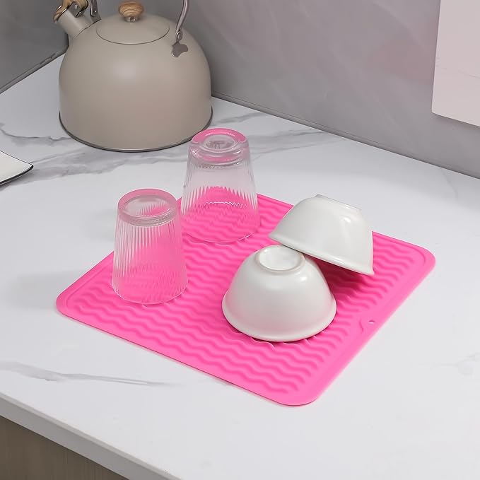 MicoYang Silicone Dish Drying Mat for Multiple Usage,Easy clean,Eco-friendly,Heat-resistant Silicone Mat for Kitchen Counter or Sink,Refrigerator or Drawer liner Rose M 12 inches x 12 inches