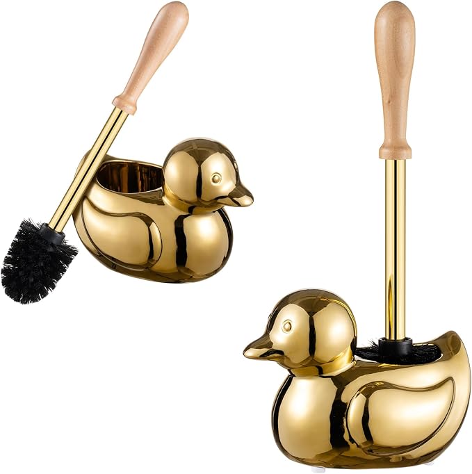 Gold Duck Toilet Brush and Holder Set,Non-Slip Handle Toilet Bowl Brush with Wooden & Stainless SteelHandle, Practical Bathroom Accessories Cleaning Tools Set，1 pcs