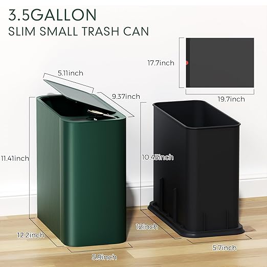 Bathroom Trash Can with Lid 13 Liter/ 3.5 Gallon Green Small Trash Can with Pop-Up Lid Bedroom Trash Can Small Garbage Can with 150 Counts Trash Bags for Small Bathroom Bedroom Office
