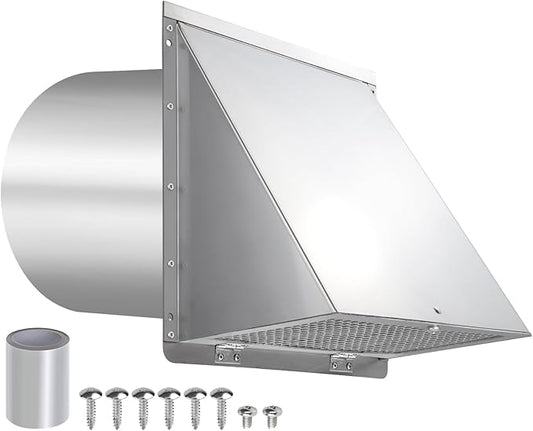 8 Inch Wall Vent,Hooded Wall Vent with Screen and Damper,Outdoor Wall Exhaust Vent Cover Exterior Wall Mount Cap for Kitchen Range Hood HVAC Duct Dryer Air Ventilation,Stainless Steel