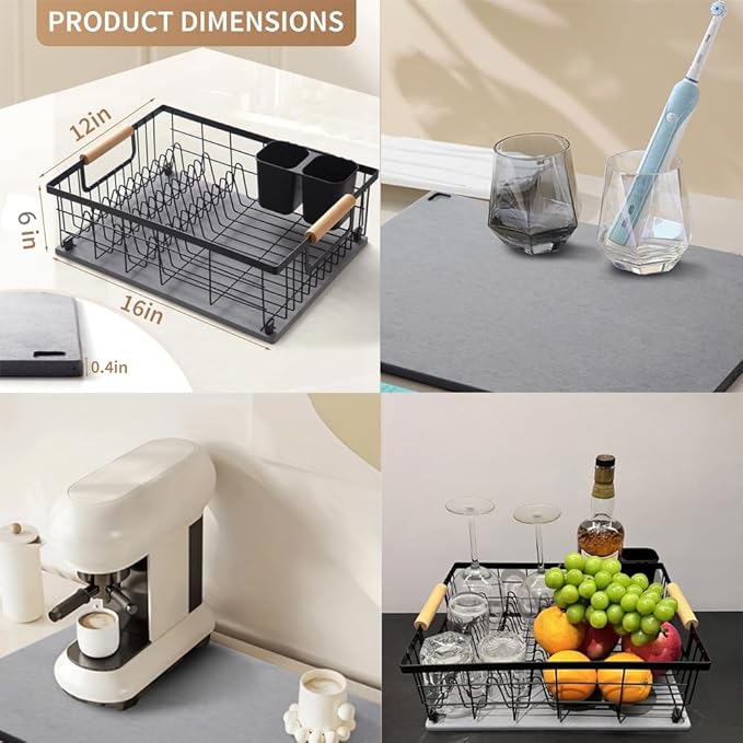 Dish Drying Rack with Stone Drying Mat, Dish Drainer and Diatomaceous Earth Dish Mat, Dish Drainers for Kitchen Counter with Stone Dish Mat