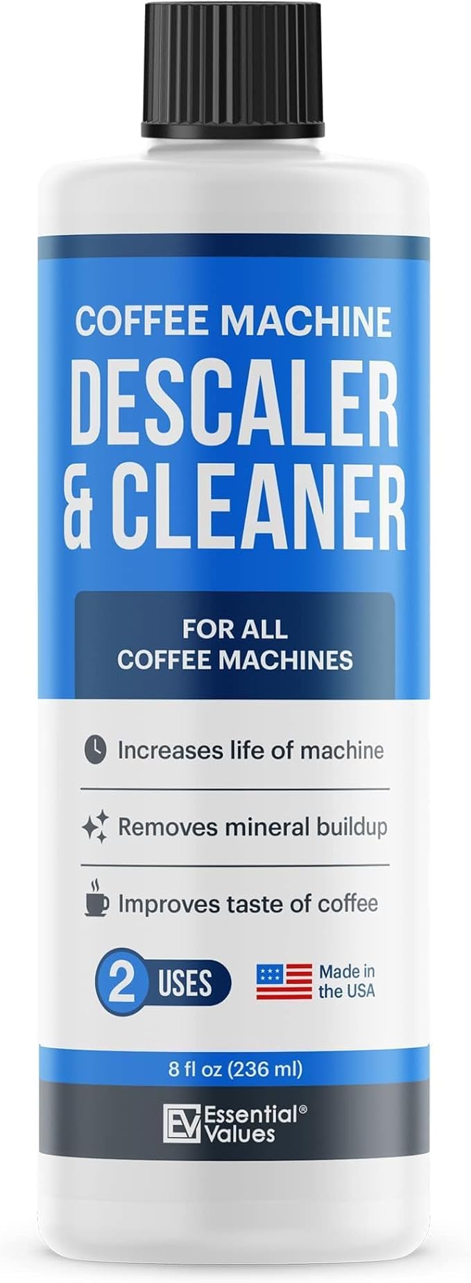 Essential Values Universal Descaling Solution, Made in the USA for Delonghi, Keurig, Breville,Nespresso (2 Uses) Coffee Machine Descaler Cleaner for all Automatic Coffee Makers & Espresso Machines